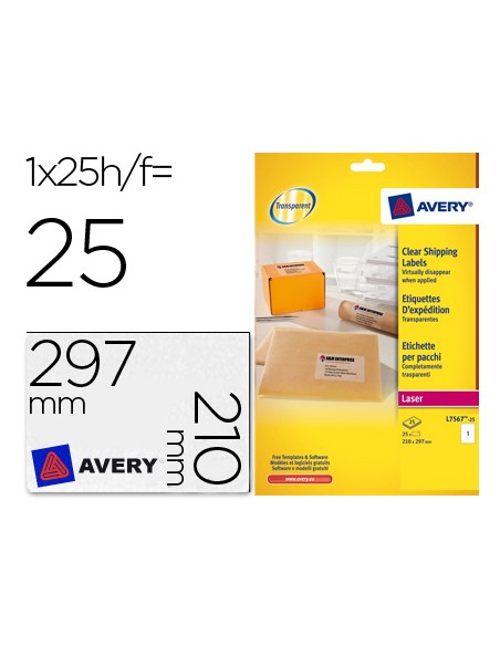 Etiqueta adhesivas resistente avery transparente 210x297 mm caja de 25 unidades