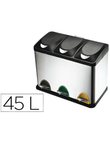 Papelera contenedor q connect metalica con tapadera de plastico y pedal 3 depositos 45l 605x340x485 mm