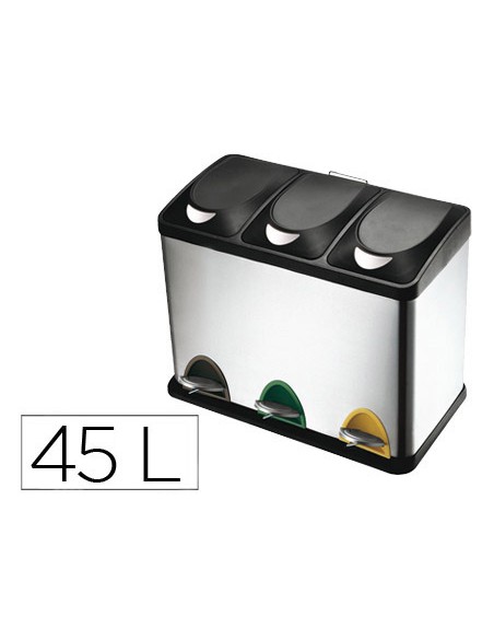 Papelera contenedor q connect metalica con tapadera de plastico y pedal 3 depositos 45l 605x340x485 mm