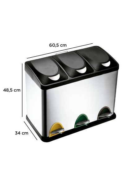Papelera contenedor q connect metalica con tapadera de plastico y pedal 3 depositos 45l 605x340x485 mm