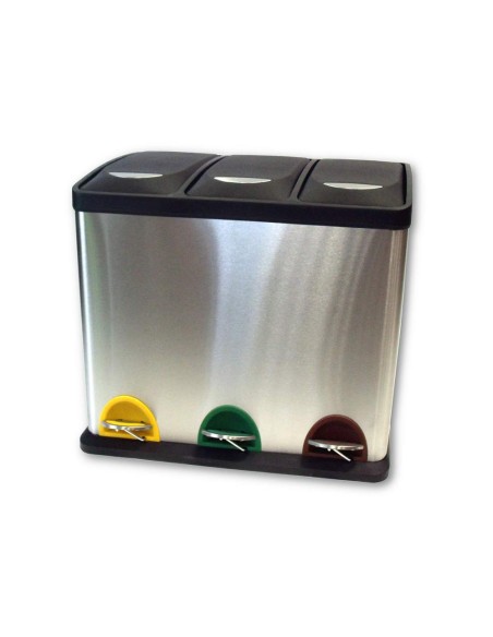 Papelera contenedor q connect metalica con tapadera de plastico y pedal 3 depositos 45l 605x340x485 mm
