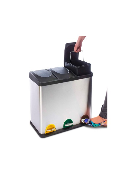 Papelera contenedor q connect metalica con tapadera de plastico y pedal 3 depositos 45l 605x340x485 mm