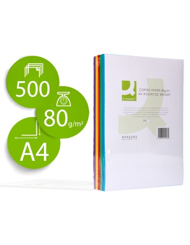 Papel color q connect din a4 80 gr 5 colores surtidos intensos paquete de 500 hojas