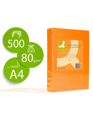 Papel color q connect din a4 80gr naranja neon paquete de 500 hojas