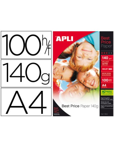 Papel fotografico apli glossy din a4 pack de 100 hojas 140 gr