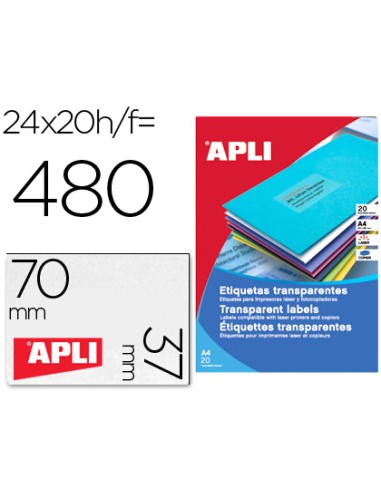 Etiqueta adhesiva apli 1224 transparentes tamano 70x37 mm para fotocopiadora laser caja 20 hojas con 480 etiquetas