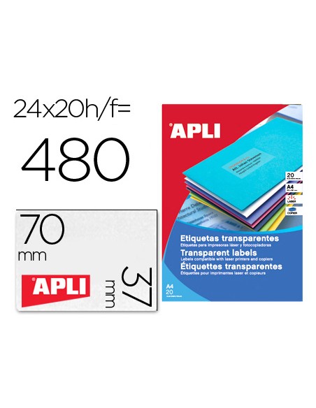 Etiqueta adhesiva apli 1224 transparentes tamano 70x37 mm para fotocopiadora laser caja 20 hojas con 480 etiquetas