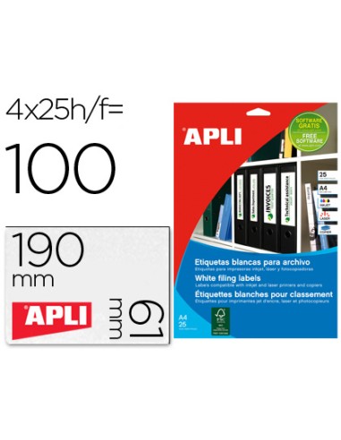 Etiqueta adhesiva apli 1233 tamano 190x61 mm para fotocopiadora laser ink jet caja 25 hojas con 100