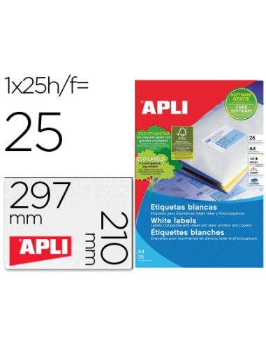 Etiqueta adhesiva apli 1215 tamano 210x297 mm para fotocopiadora laser ink jet caja con 25 hojas con 25