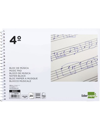 Bloc musica liderpapel pentagrama 3mm cuarto 20 hojas 100g m2