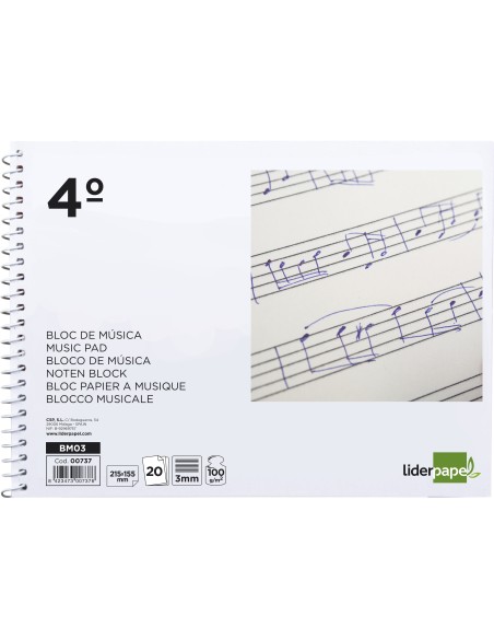 Bloc musica liderpapel pentagrama 3mm cuarto 20 hojas 100g m2