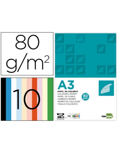 Papel color liderpapel a3 80gr 10 colores surtidos paquete 100 hojas