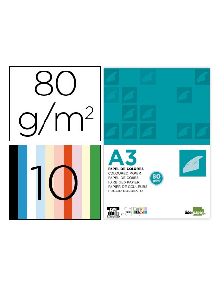 Papel color liderpapel a3 80gr 10 colores surtidos paquete 100 hojas