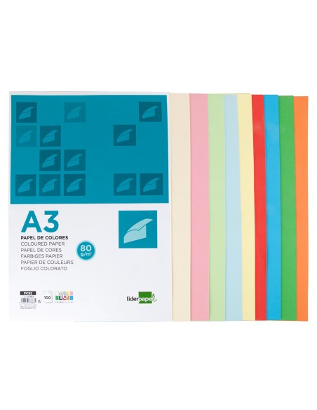 Papel color liderpapel a3 80gr 10 colores surtidos paquete 100 hojas