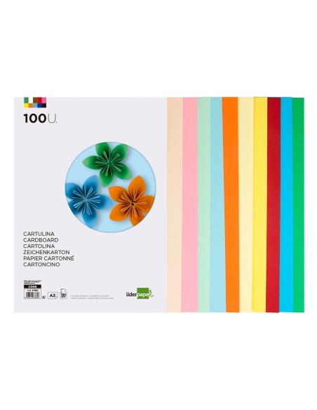 Cartulina liderpapel a3 180g m2 10 colores surtidos paquete 100 hojas