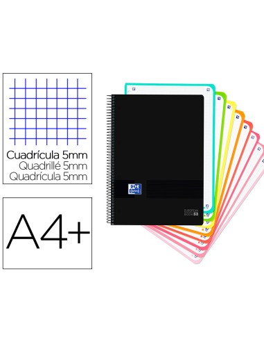 Cuaderno espiral oxford ebook 8 tapa plastico din a4 160 h cuadricula 5 mm black n colors turquesa