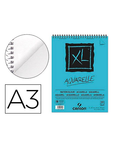 Bloc dibujo acuarela canson xl aquarelle grano fino din a3 microperforado espiral 297x42 cm 30 hojas 300 gr m2