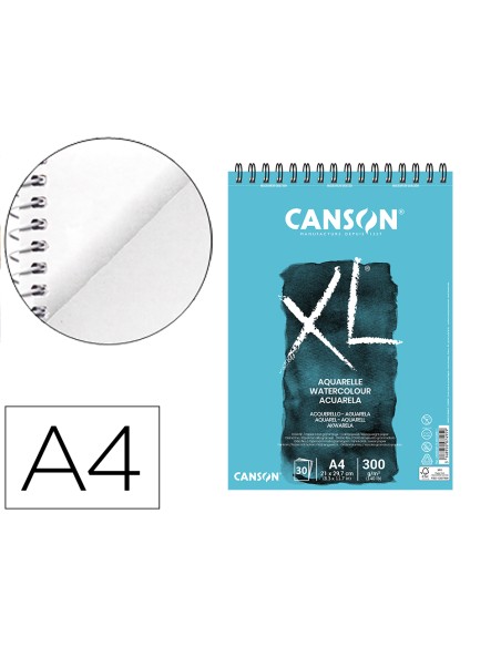 Bloc dibujo acuarela canson xl aquarelle grano fino din a4 microperforado espiral 21x297 cm 30 hojas 300 gr m2