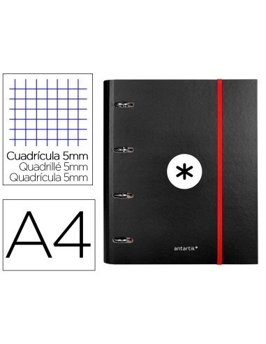 Carpeta con recambio antartik a4 cuadro 5mm forrada 4 anillas 40mm redondas color negra