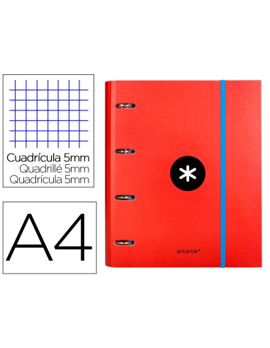 Carpeta con recambio antartik a4 cuadro 5mm forrada 4 anillas 40mm redondas color rojo