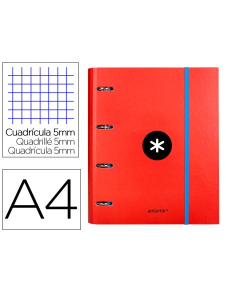Carpeta con recambio antartik a4 cuadro 5mm forrada 4 anillas 40mm redondas color rojo
