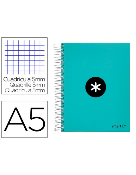 Cuaderno espiral a5 micro antartik tapa forrada120h 90 gr cuadro 5 mm 5 banda6 taladros color menta