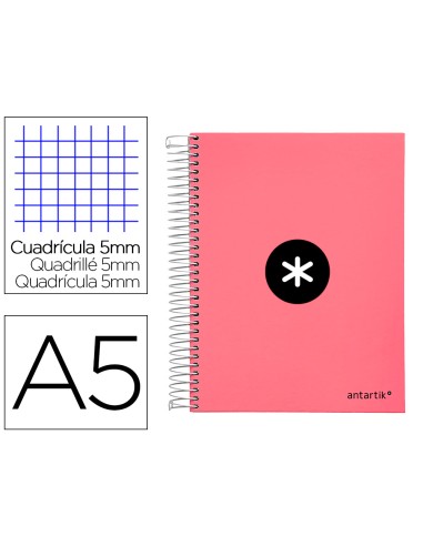 Cuaderno espiral a5 micro antartik tapa forrada120h 90 gr cuadro 5 mm 5 band 6 taladros color coral