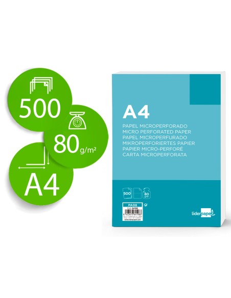 Papel liderpapel a4 80g m2 liso microperforado en dos partes iguales paquete de 500 hojas
