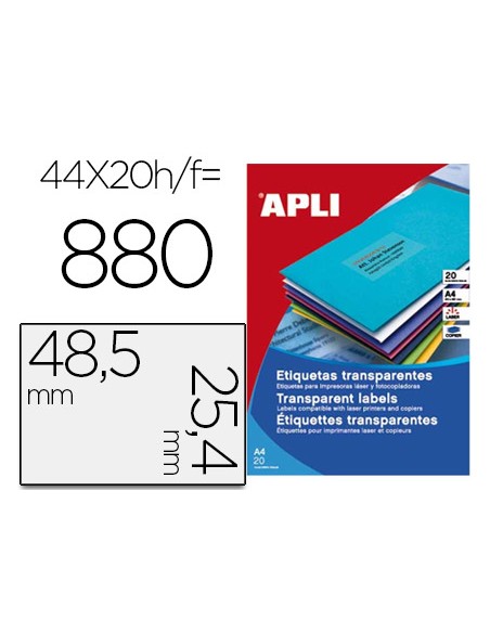 Etiqueta adhesiva apli transparente 485x254 mm fotocopia laser inkjet caja 20 hojas din a4 con 880