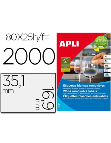 Etiqueta adhesiva apli 356x169 mm fotocopiadora laser inkjet caja 25 hojas din a4 con 2000 etiquetas