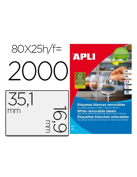 Etiqueta adhesiva apli 356x169 mm fotocopiadora laser inkjet caja 25 hojas din a4 con 2000 etiquetas