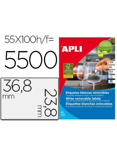Etiqueta adhesiva apli 368x238 mm fotocopiadora laser inkjet caja 100 hojas din a4 con 5500 etiquetas