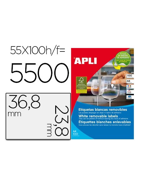 Etiqueta adhesiva apli 368x238 mm fotocopiadora laser inkjet caja 100 hojas din a4 con 5500 etiquetas