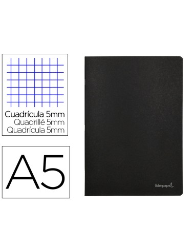Libreta liderpapel tapa negra a5 80 hojas 60g m2 cuadro 5mm con doble margen