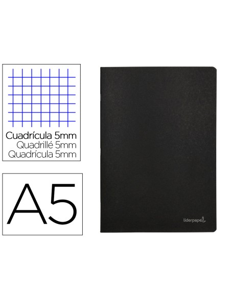 Libreta liderpapel tapa negra a5 80 hojas 60g m2 cuadro 5mm con doble margen