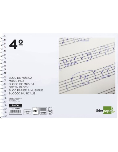 Bloc musica liderpapel pentagrama 4mm cuarto 20 hojas 100g m2