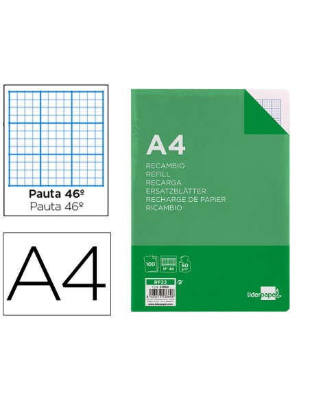 Recambio liderpapel a4 100 hojas 60g m2 rayado nº 46 4 taladros