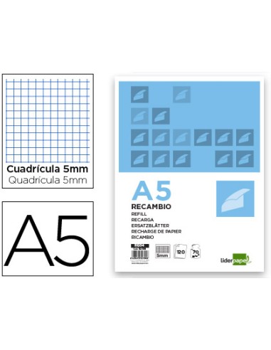 Recambio liderpapel a5 120 hojas 75g m2 cuadro 5mm sin margen 6 taladros bandas de 5 colores