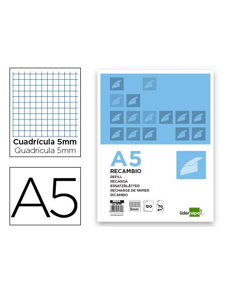 Recambio liderpapel a5 120 hojas 75g m2 cuadro 5mm sin margen 6 taladros bandas de 5 colores