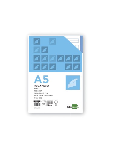 Recambio liderpapel a5 120 hojas 75g m2 cuadro 5mm sin margen 6 taladros bandas de 5 colores