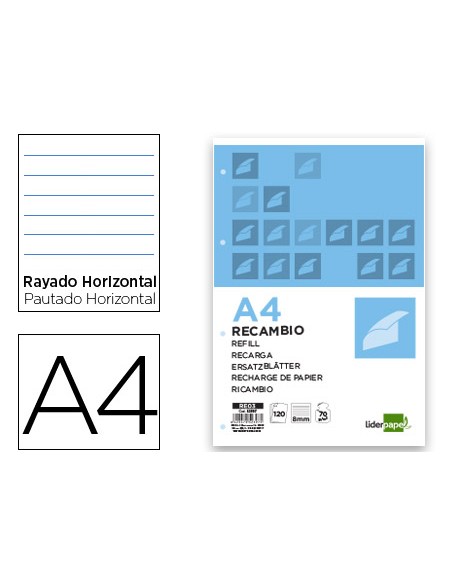 Recambio liderpapel a4 120 hojas 70g m2 horizontal sin margen 4 taladros bandas de 5 colores