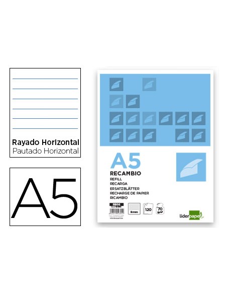 Recambio liderpapel a5 120 hojas 80g m2 horizontal sin margen 6 taladros bandas de 5 colores