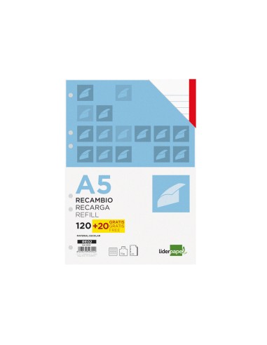 Recambio liderpapel a5 120 hojas 80g m2 horizontal sin margen 6 taladros bandas de 5 colores