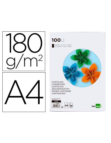 Cartulina liderpapel a4 180g m2 negro paquete de 100 hojas