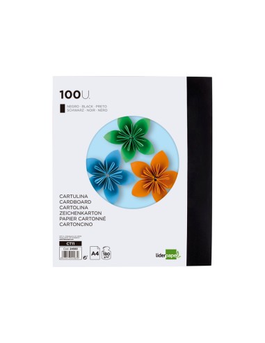 Cartulina liderpapel a4 180g m2 negro paquete de 100 hojas