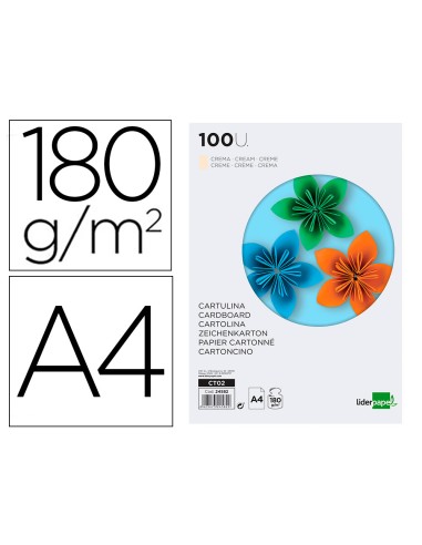 Cartulina liderpapel a4 180g m2 crema paquete de 100 hojas