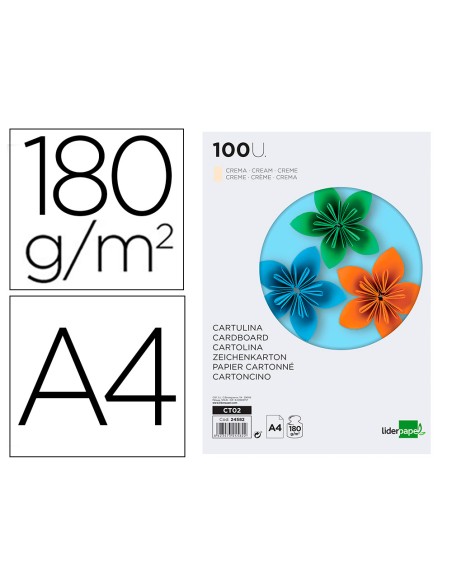 Cartulina liderpapel a4 180g m2 crema paquete de 100 hojas