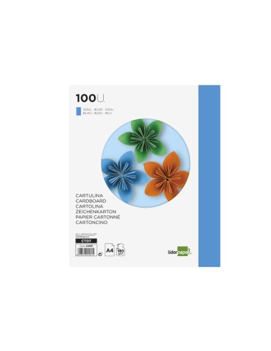 Cartulina liderpapel a4 180g m2 azul paquete de 100 hojas