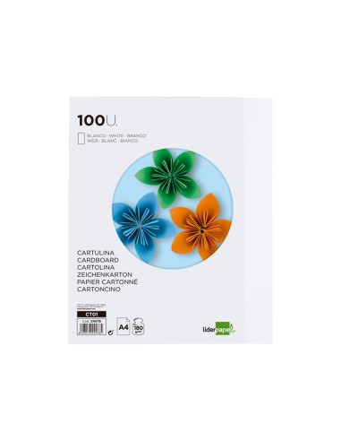 Cartulina liderpapel a4 180g m2 blanco paquete de 100 hojas