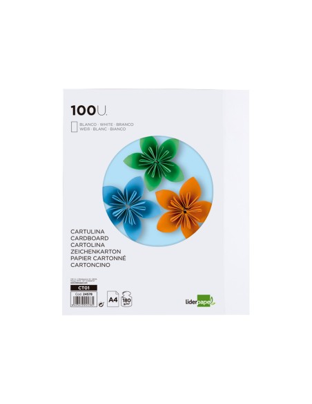 Cartulina liderpapel a4 180g m2 blanco paquete de 100 hojas